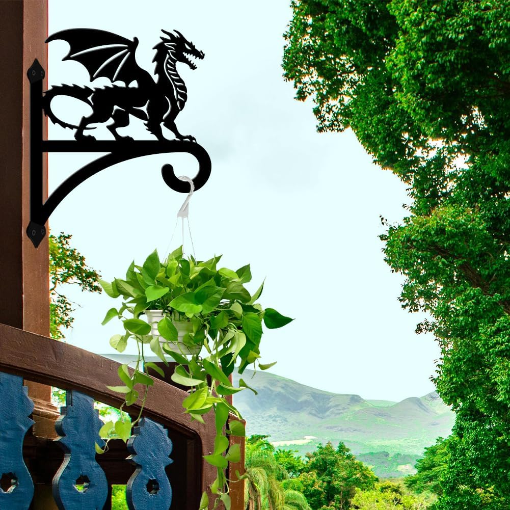peacoblue Iron Plant Hangers Hooks for Outdoor Indoor Hanging Plants Flower Fern Pots Lantern Bird Feeder,11.8"x15.1" Weather Resistant Metal Wall Holder for Porch Garden Farmhouse(Dragon)