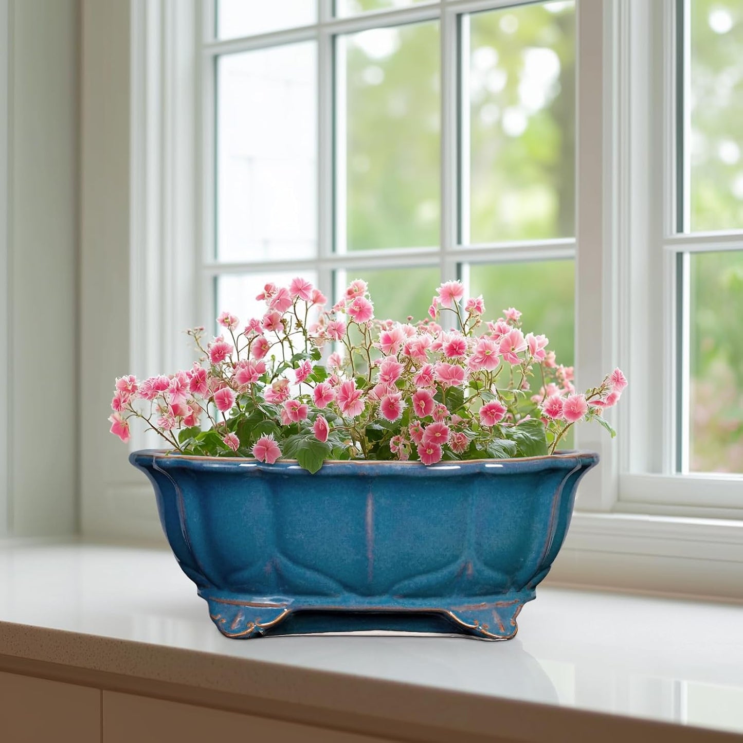 Bonsai Tree Pot - 11 Inch Ceramic Succulent Pots, Bonsai Planter for Indoor Outdoor, Decorative Plant Pot with Drainage Hole, Oval Flower Pot, Home Garden Decor, Garden Gifts, Retro Blue