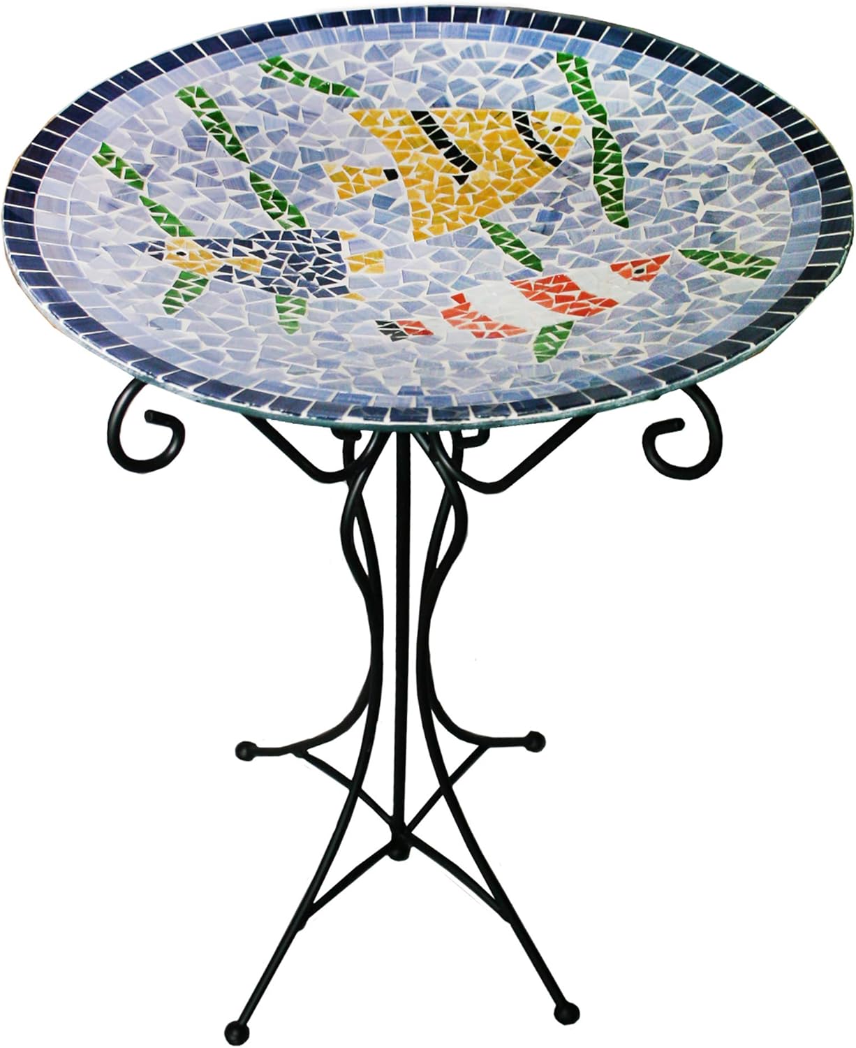 (A14BFG01C) Glass Bird Bath - Mosaic Glass Tile Birdbath Bowl and Stand (Fish Design)