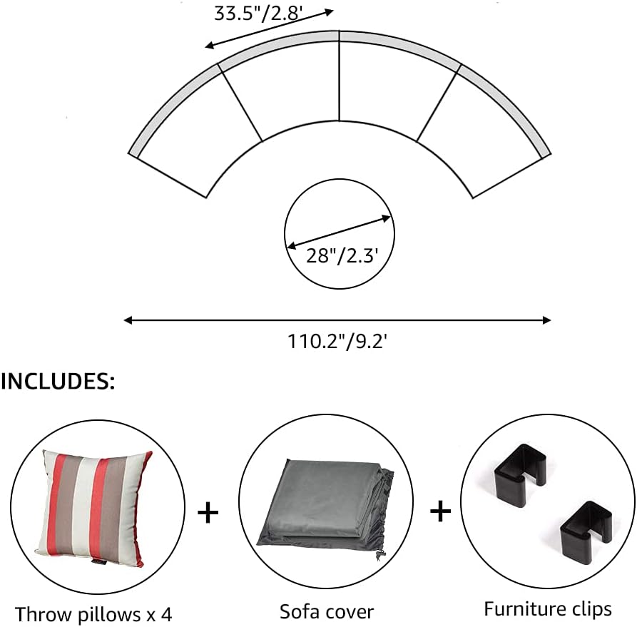 SUNSITT 5-Piece Half Moon Outdoor Sectional Sofa Set with Cover, Patio Brown PE Wicker Furniture with Beige Cushions & Tempered Glass Coffee Table