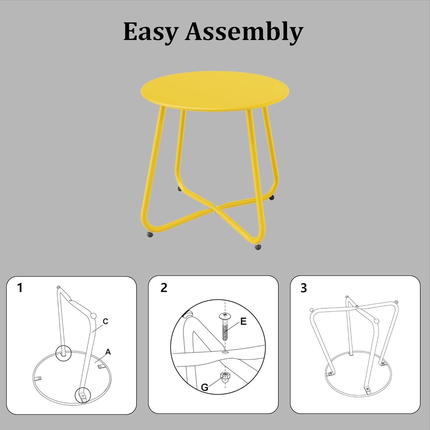Patio Side Table Waterproof Round Metal Steel Weather Resistant Portable Outdoor and Indoor End Table for Garden Balcony Yard, Lemon Yellow