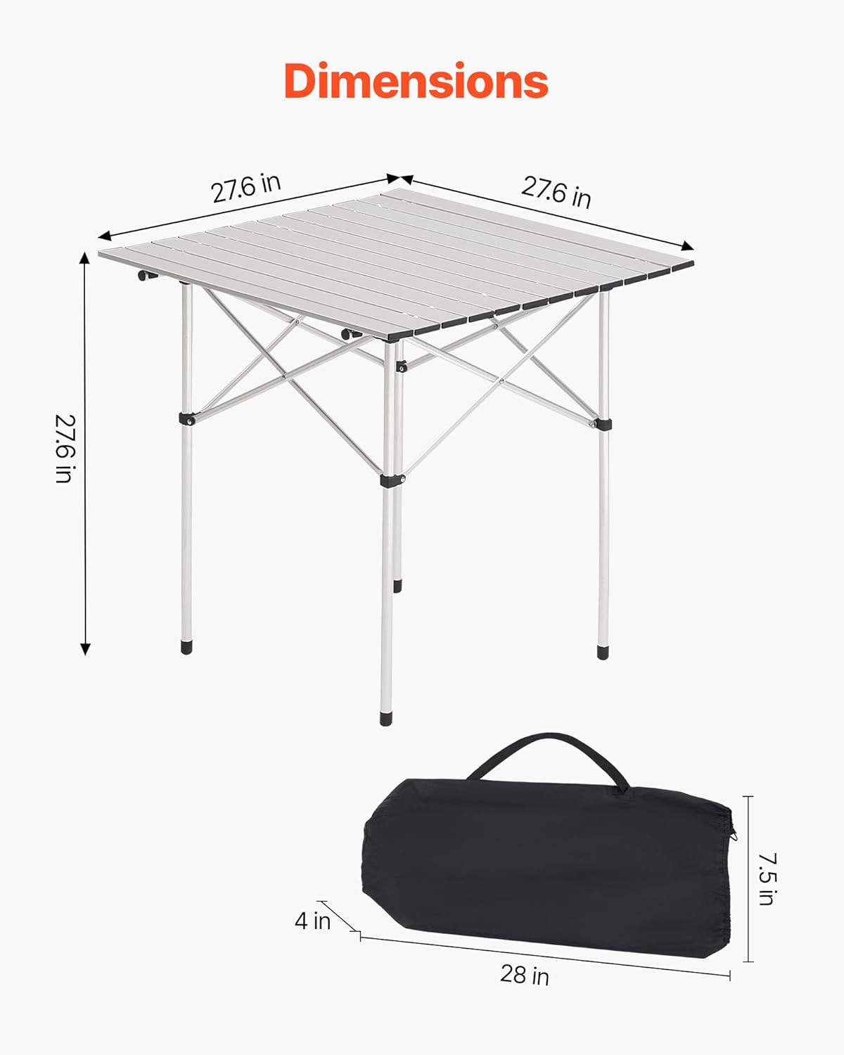 VEVOR Folding Camping Table, Portable Roll Up Side Tables, Lightweight Aluminum Beach Table with Adjustable Height, for Outdoor BBQ Tailgating Picnic, Travel (28 inch-Silver)