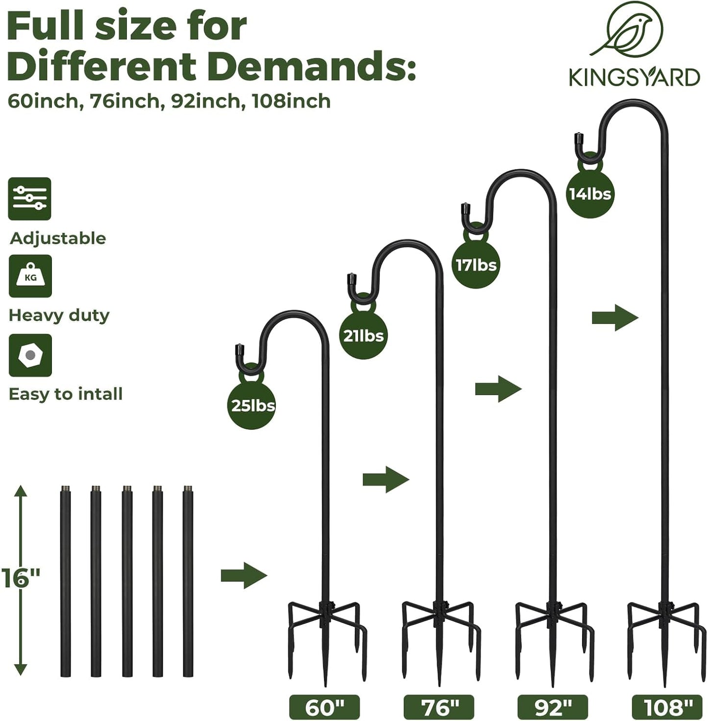 Kingsyard 2 Pack Adjustable Shepherd Hooks for Outdoor - 76 INCH Heavy Duty Bird Feeder Pole with 5 Prong Base, Hummingbird Feeder Stand, Garden Plant Baskets, Weddings Decor, Solar Light Lanterns