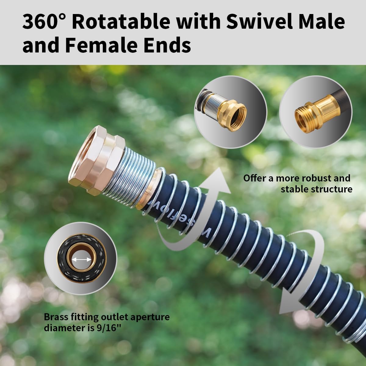 WiseFlow Garden Hose 25FT x 3/4", Heavy Duty Rubber Hose, 1000PSI Burst, 300PSI Working, Water Hose with Five Layered Braiding, Male Female Fittings (Black)