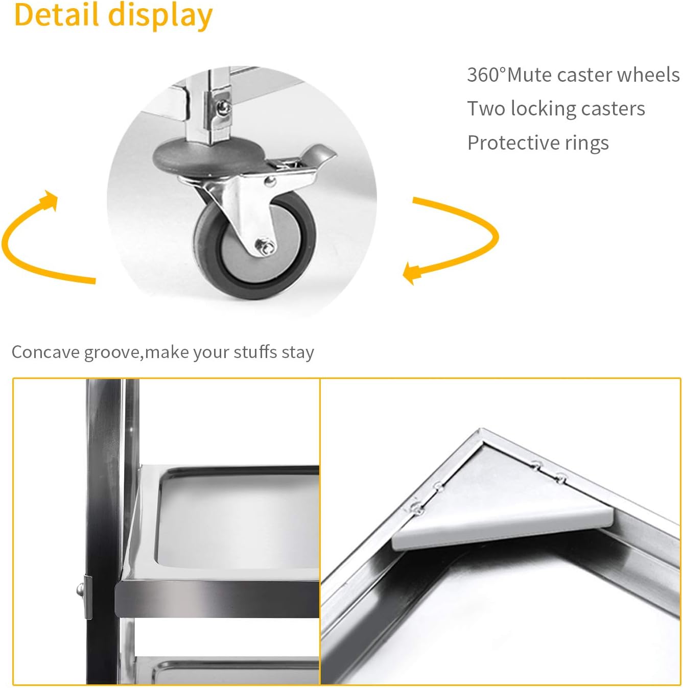 tonchean Extra Large 3 Tier Stainless Steel Cart 37.4 x 19.7 x 37.4 Inch Kitchen Trolley Cart Serving Cart Kitchen Utility Rolling Cart Service Catering Storage Cart with Locking Wheels