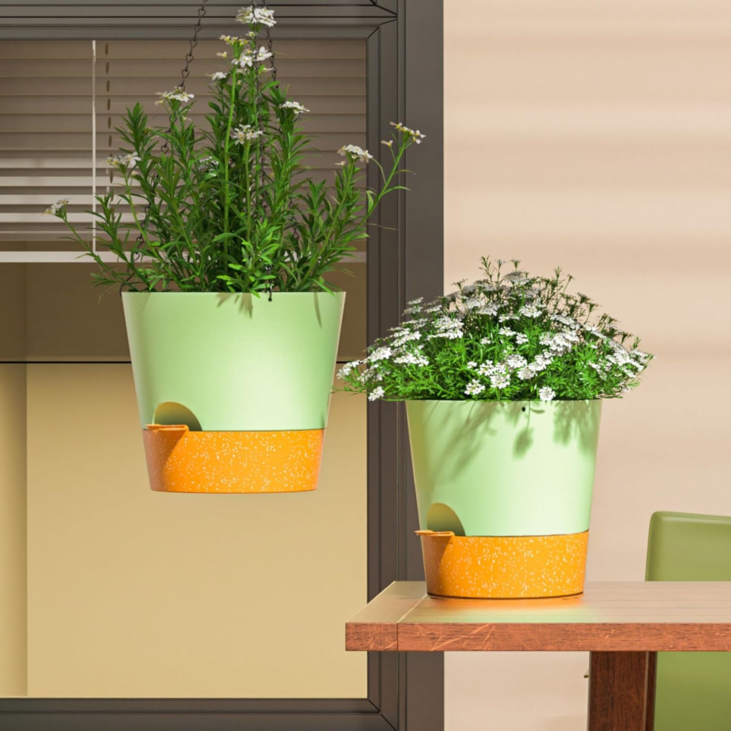 Hanging Planters for Indoor Outdoor Plants, 2 Pack Self Watering Hanging Pot with Drainage Holes and Plant Hangers, Hanging Baskets Flower Pots for Home Garden Decor (Green, 10 inch)