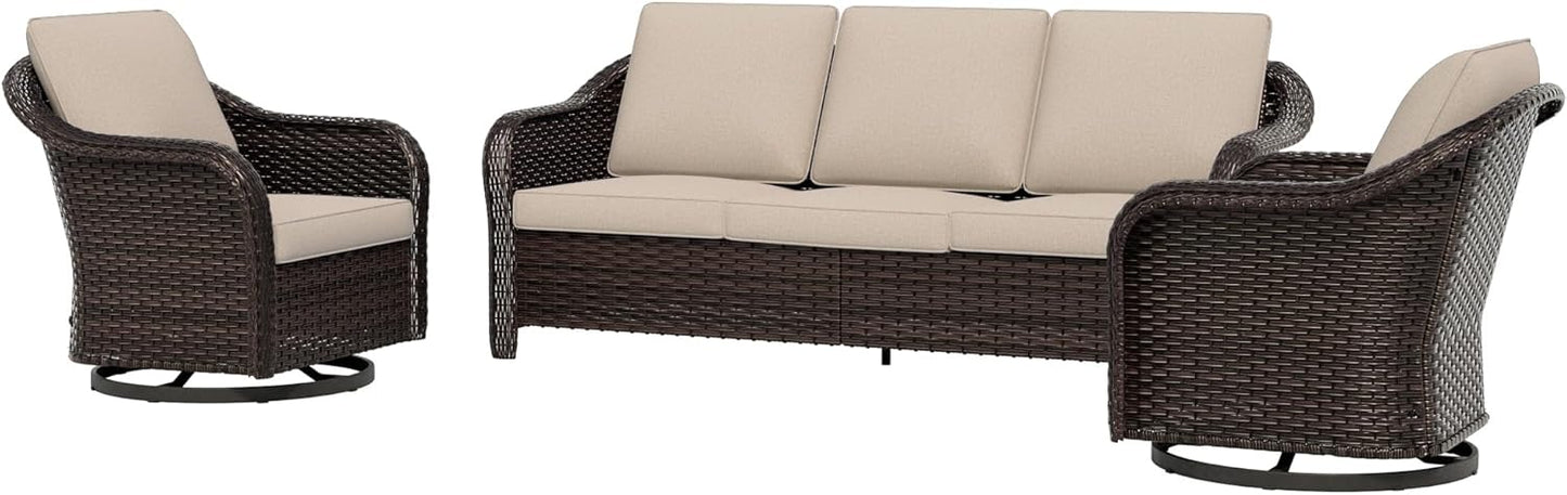 3 Piece Patio Wicker Conversation Set, All-Weather Use Outdoor Wicker Sofa with 2 PE Rattan 360 Swivel Chair, Ideal for Porch, Backyard, Balcony, Poolside, Beige
