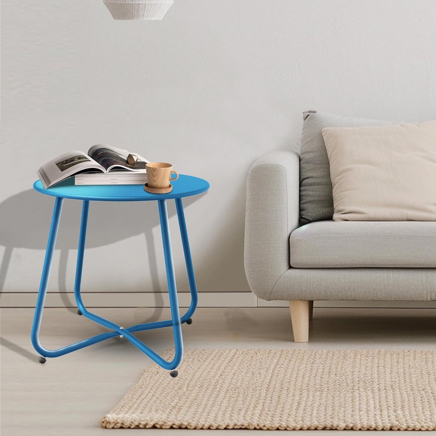 Patio Side Table, Round Metal Steel Weather Resistant Portable Patio Table， Outdoor and Indoor Patio Small Table for Garden Balcony Yard, Peacock Blue