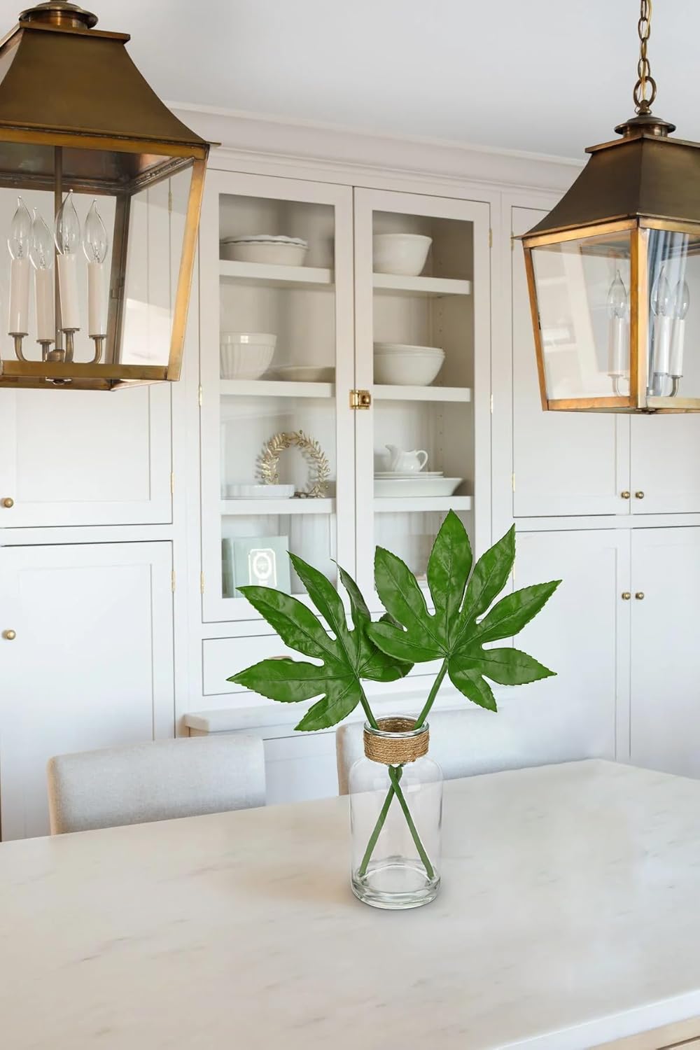 Fake Plants Faux Greenery Stems in Glass Vase with Faux Water, Realistic Silk Faux Plants Artificial Tropical Leaves for Home Bathroom Office Wedding Centerpiece Décor