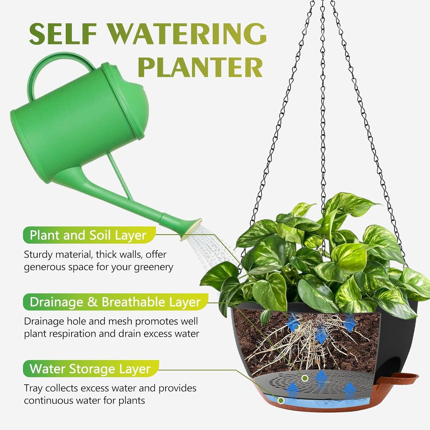 GARDIFE Hanging Planters for Indoor Outdoor Plants, 2 Pack Self Watering Hanging Pot with Drainage Holes & Removable Tray (Black, 10 inch)