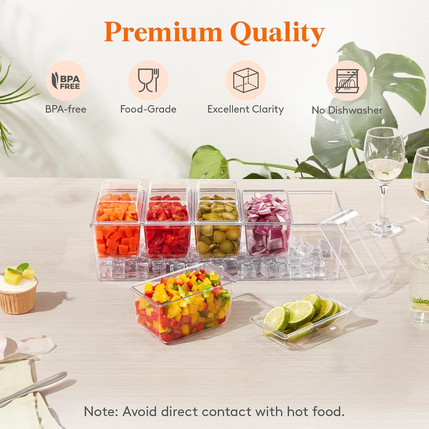 Lifewit 2 Pack Ice Chilled Condiment Caddy with 5 Containers(2.5 cup), Condiment Server with Separate Lids, Serving Tray Platter for Bar Accessories, Fruit, Salad, Taco, Party Garnish