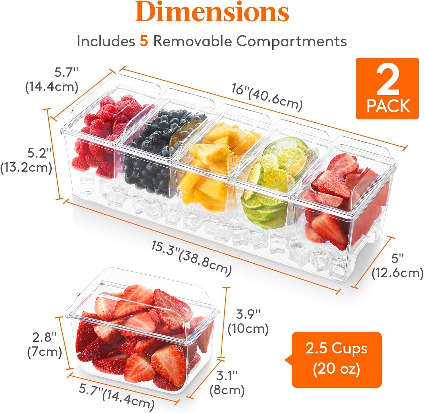 Lifewit 2 Pack Ice Chilled Condiment Caddy with 5 Containers(2.5 cup), Condiment Server with Separate Lids, Serving Tray Platter for Bar Accessories, Fruit, Salad, Taco, Party Garnish