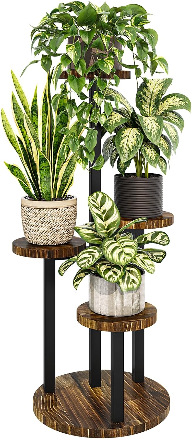 Bamworld 4 Tier Plant Stand Indoor, Tall Metal Wood Plant Shelf Outdoor,Small Flower Pot Holder Table Rack Garden Accessories for Corner Living Room Balcony Patio