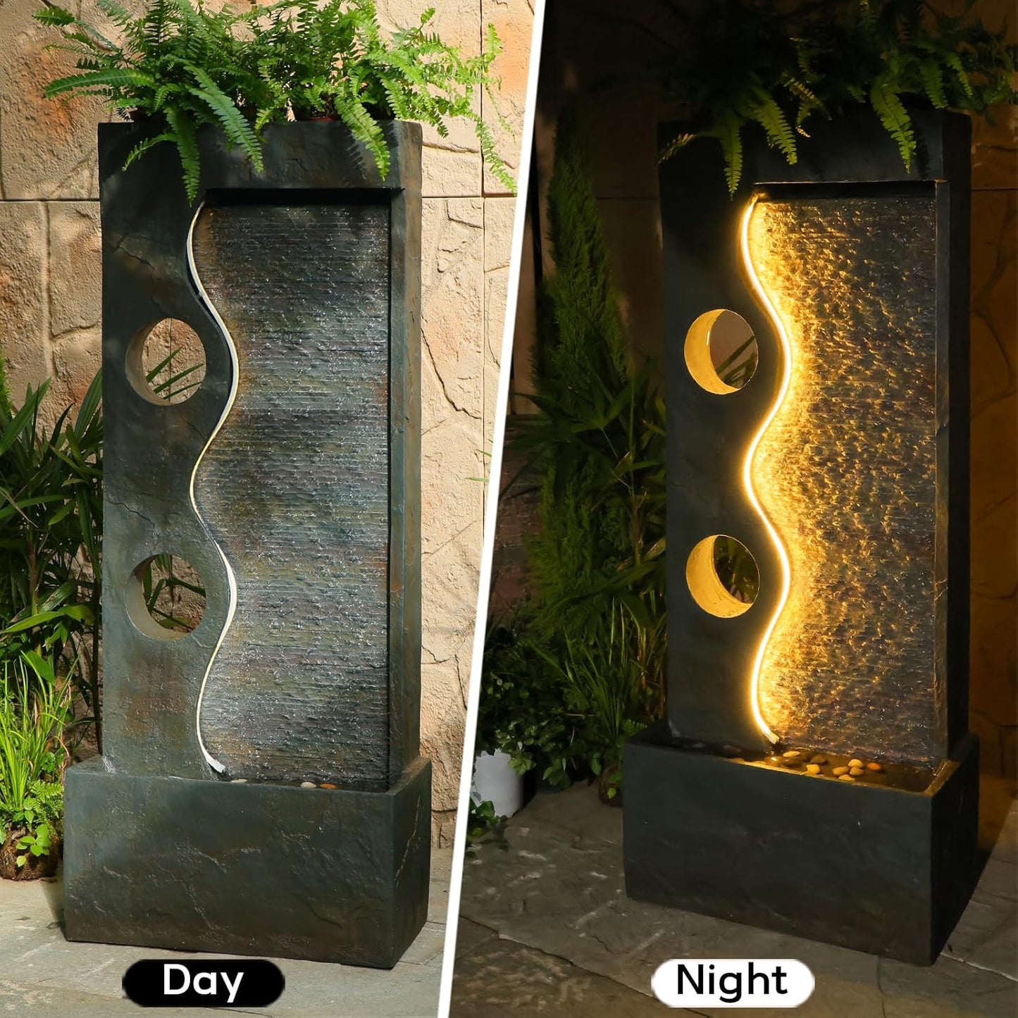 46.8" H Water Fountain Outdoor Water Fall Fountains Indoor Waterfall Modern Fountain with LED Lights Floor-Standing for Outside Garden, Patio, Backyard, Deck, Porch, Landscaping, Balconies