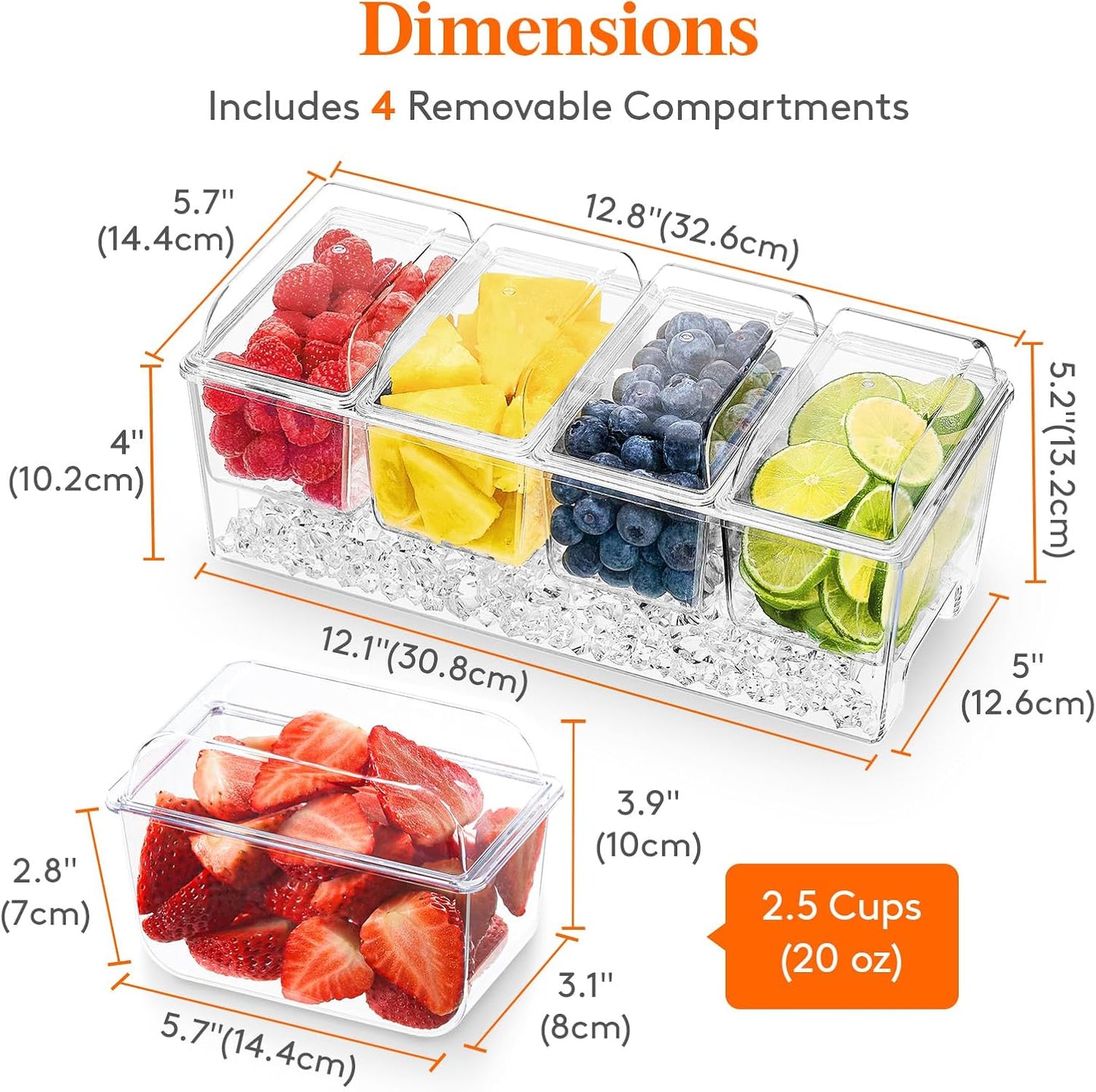 Lifewit Ice Chilled Condiment Caddy with 4 Containers(2.5 cup), Condiment Server with Separate Lids, Serving Tray Platter with Removable Dishes for Bar Accessories, Fruit, Salad, Taco, Party Garnish
