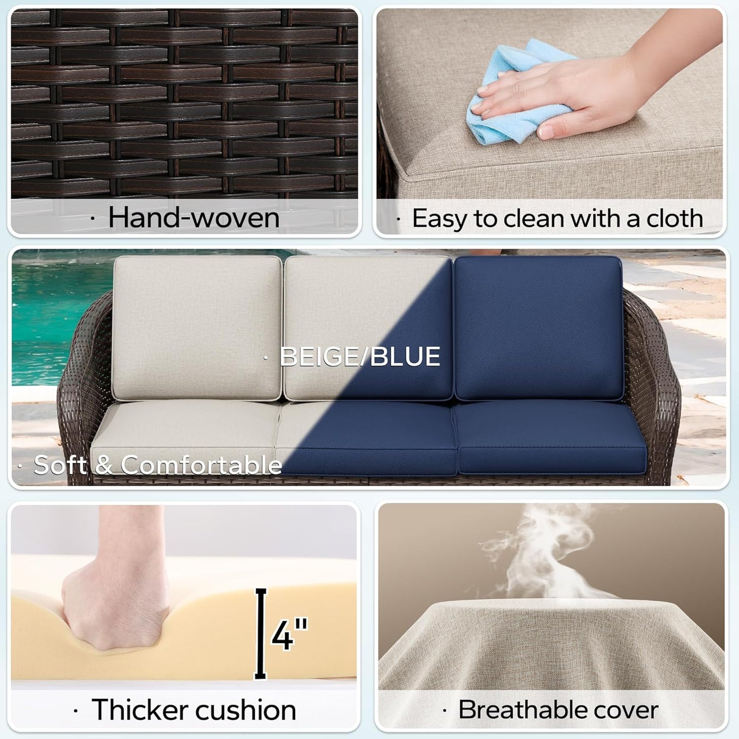 78" Wicker 3-seat Sofa, Outdoor Conversation Furniture, All-Weather Rattan Couch, Steel Frame Couch with Cushions for Garden, Poolside, Porch (Beige)