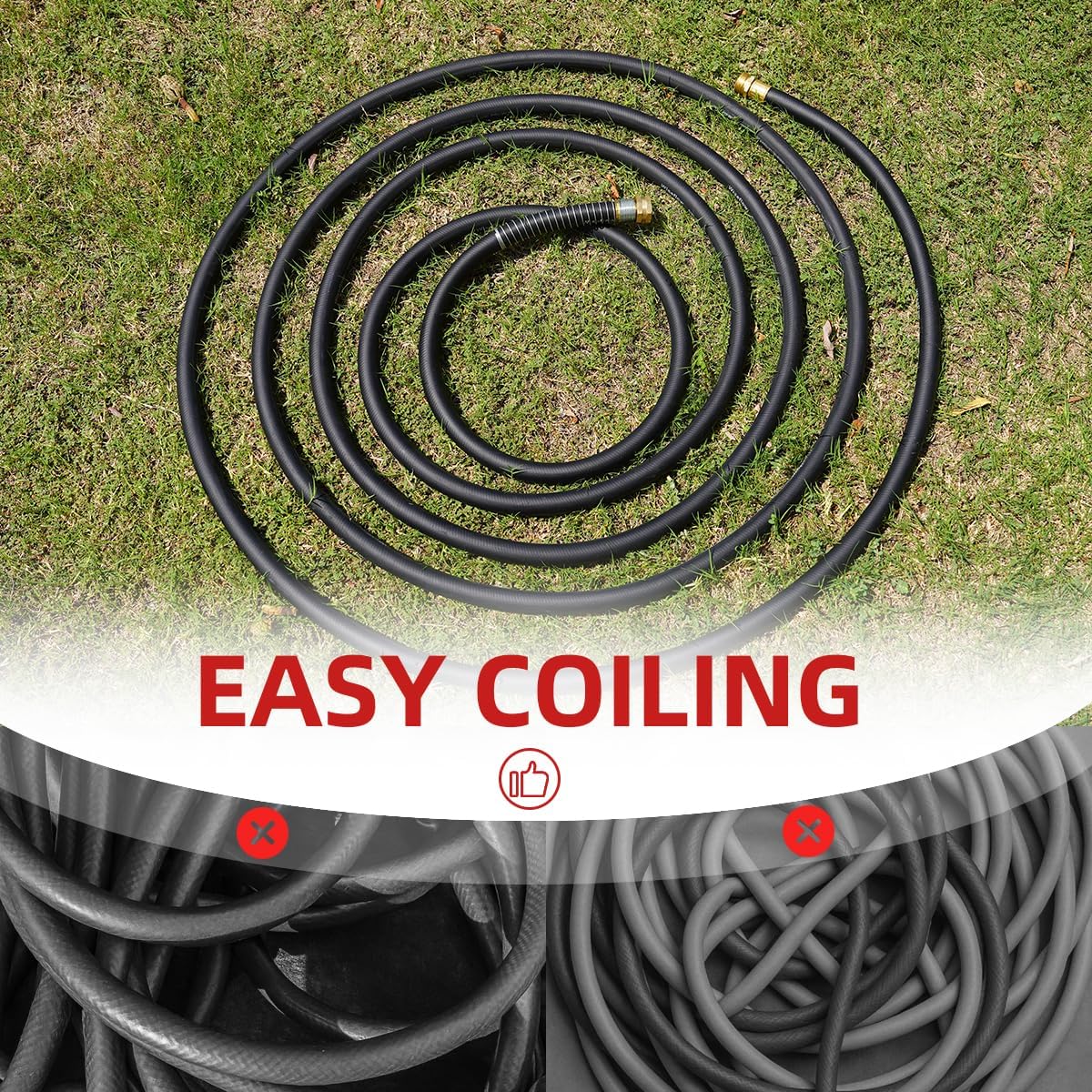 WiseFlow Garden Hose 25FT x 3/4", Heavy Duty Rubber Hose, 1000PSI Burst, 300PSI Working, Water Hose with Five Layered Braiding, Male Female Fittings (Black)