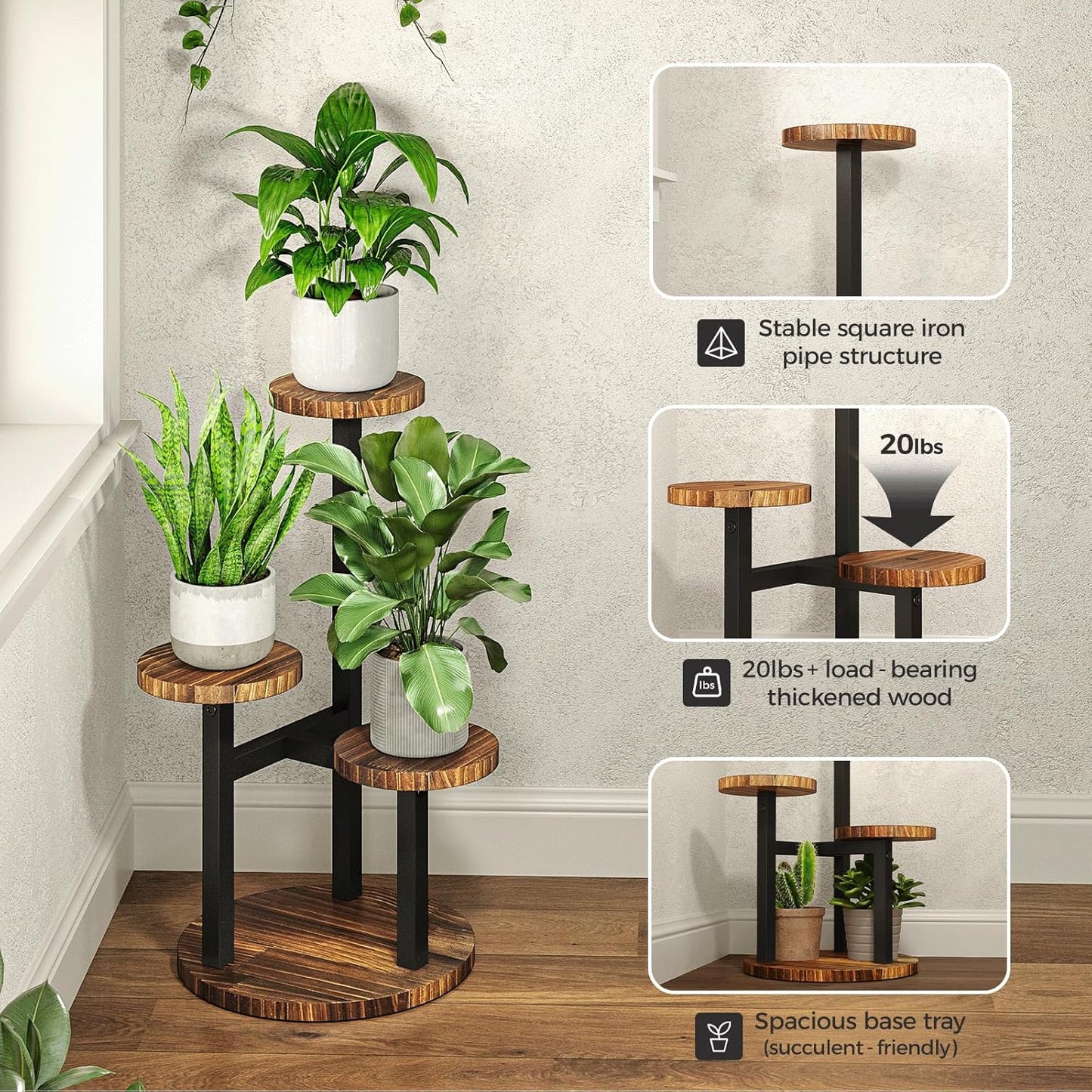 Bamworld 3 Tier Plant Stand Indoor, Tall Metal Wood Plant Shelf Outdoor,Small Flower Pot Holder Table Rack Garden Accessories for Corner Living Room Balcony Patio