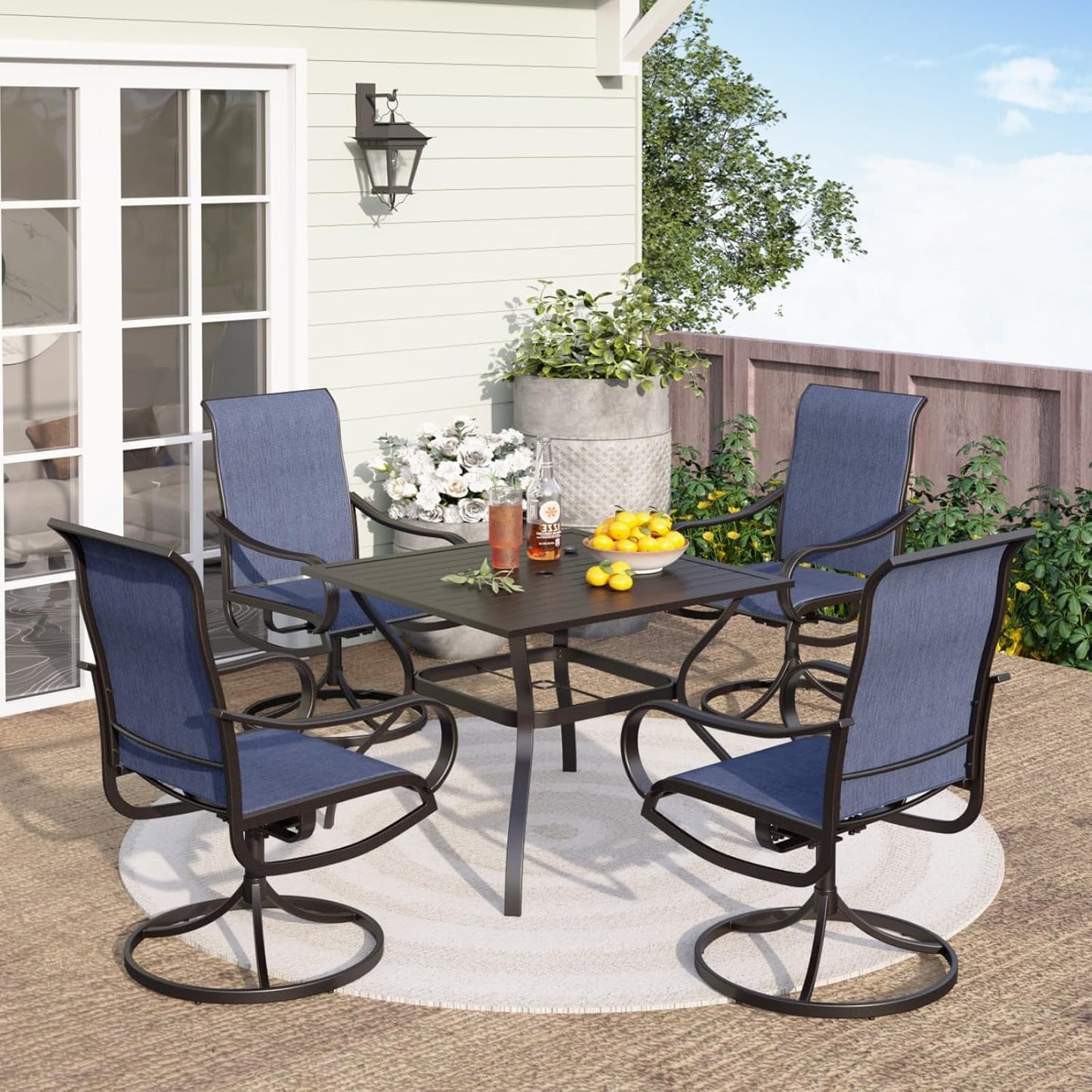 PHI VILLA 5 PCS Outdoor Patio Dining Set with Swivel Dining Chairs (Blue) and 37"x 37" Metal Steel Dining Table(1.57" Umbrella Hole), All Weather Patio Dining Furniture Set for Deck Lawn Garden