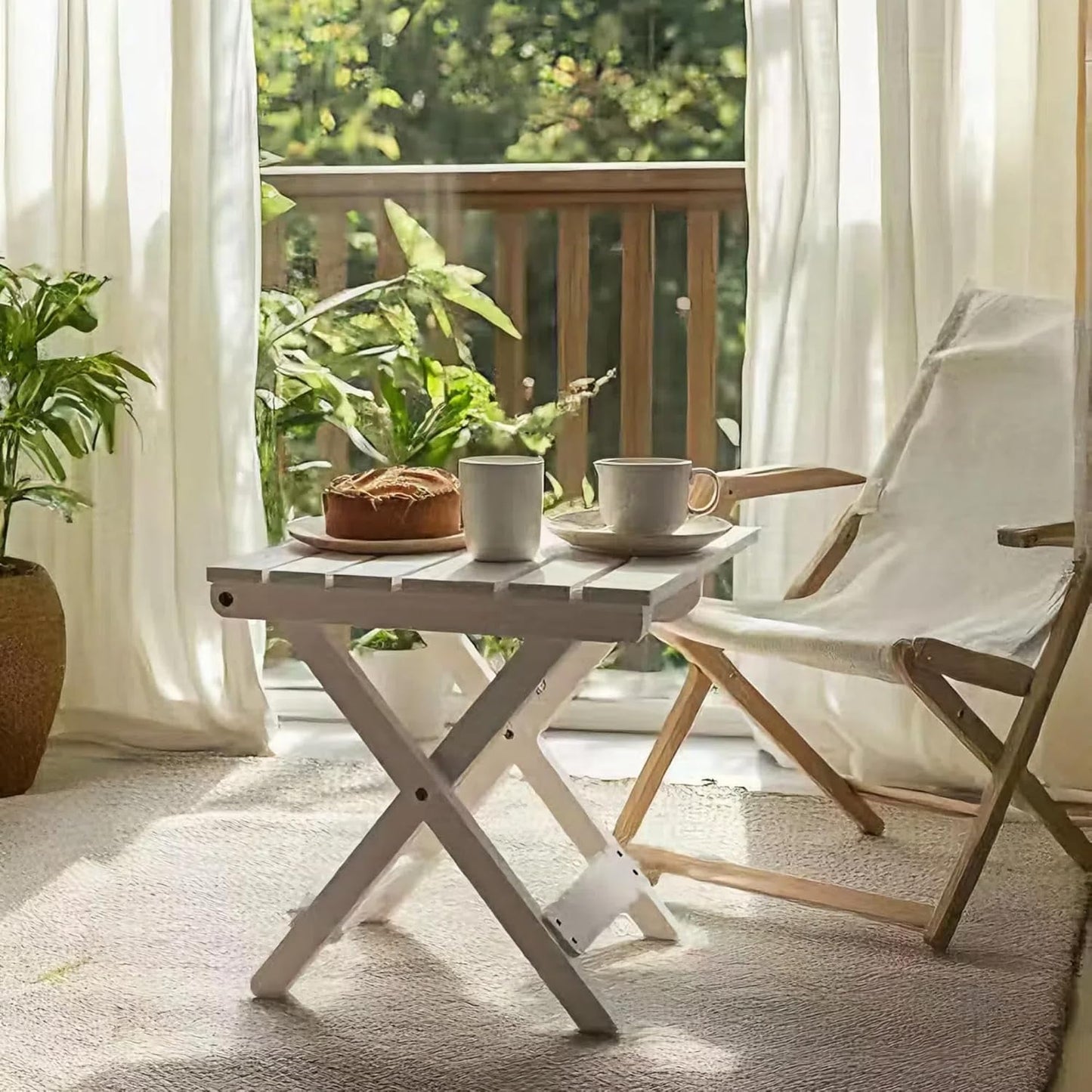 Outdoor Side Table, No Assembly Folding Wooden End Table for Outside or Indoor, Small Patio Tables for Camping, Pool, Bathroom, Backyard and Porch (White)