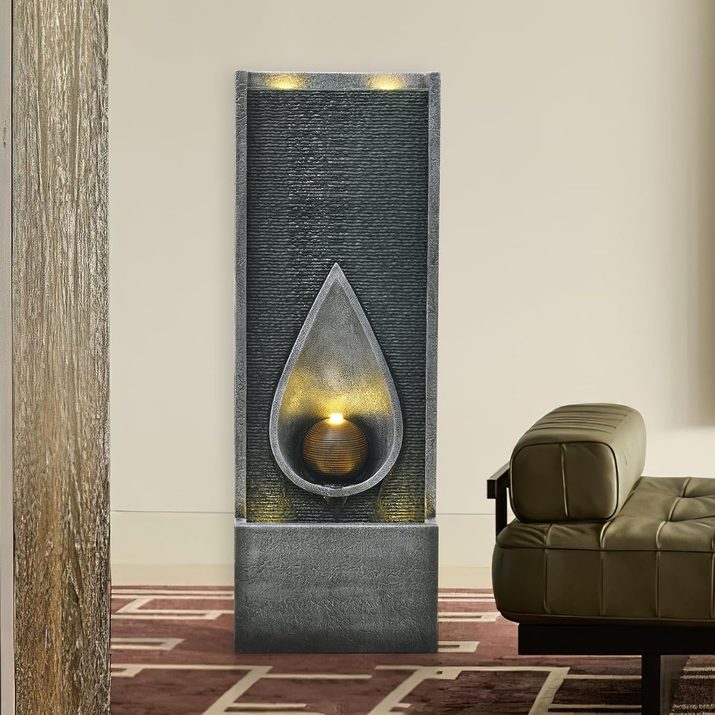 Water Fountain Indoor Outdoor, 53.14inch Modern Cascading Waterfall Feature with LED Lights, Tall Floor Standing Fountain for Garden, Deck, Patio, Porch, Yard Decor (53)