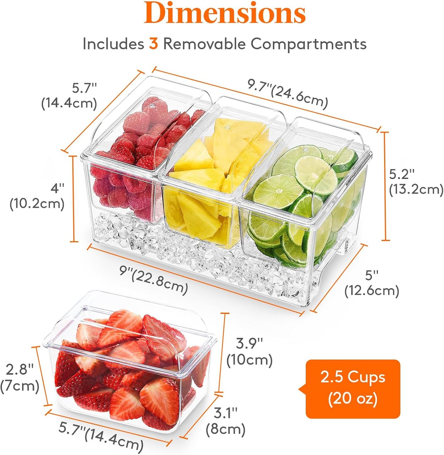Lifewit Ice Chilled Condiment Caddy with 3 Containers(2.5 cup), Condiment Server with Separate Lids, Serving Tray Platter with Removable Dishes for Bar Accessories, Fruit, Salad, Taco, Party Garnish