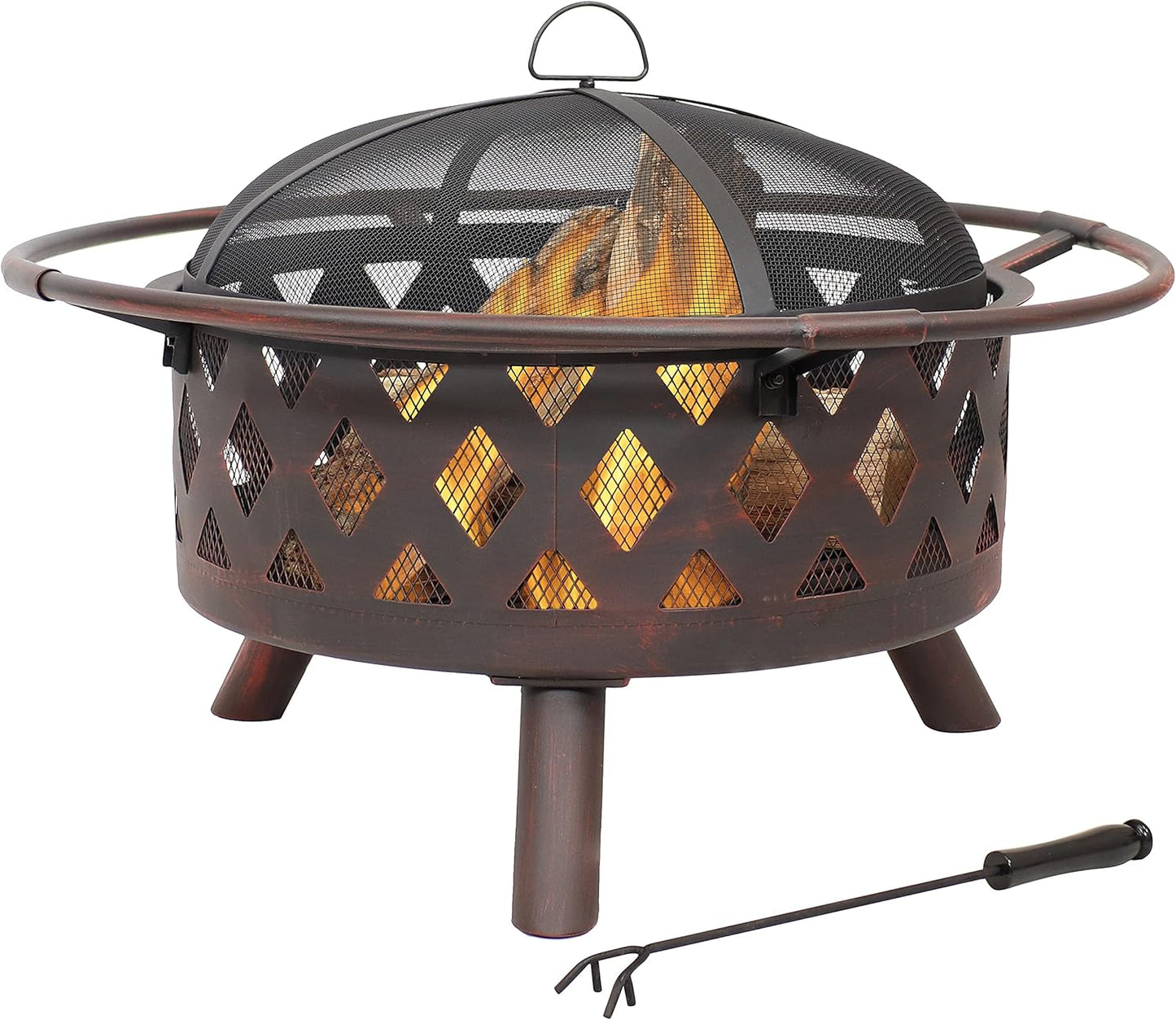 Sunnydaze Crossweave Outdoor Fire Pit - Wood-Burning Fire Pit for Outside with Spark Screen, Poker and Round Cover - 30-Inch - Bronze