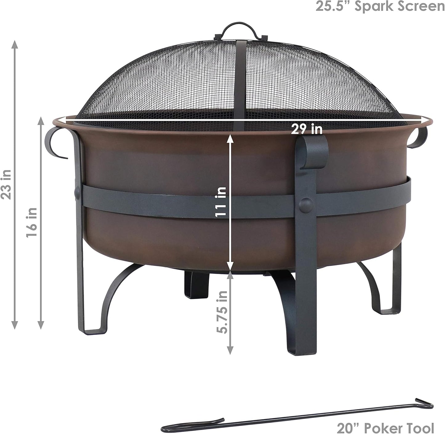 Sunnydaze 29-Inch Wood-Burning Outdoor Fire Pit - Bronze Cauldron Wood Fire Pit for Outside - Includes Poker and Spark Screen
