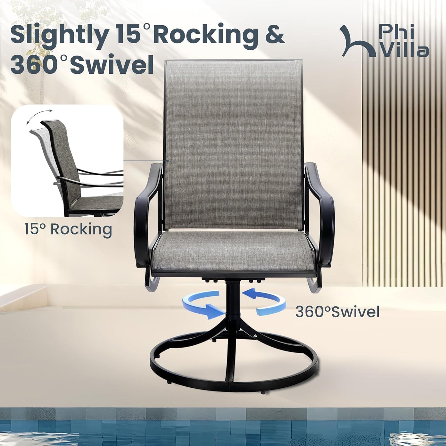 PHI VILLA 5 Piece Outdoor Patio Dining Set, Patio Table & Chair Set Clearance for 4 Person, 4 Swivel Dining Chairs & 1 Square Patio Table(1.57" Hole) for Lawn Garden Poolside