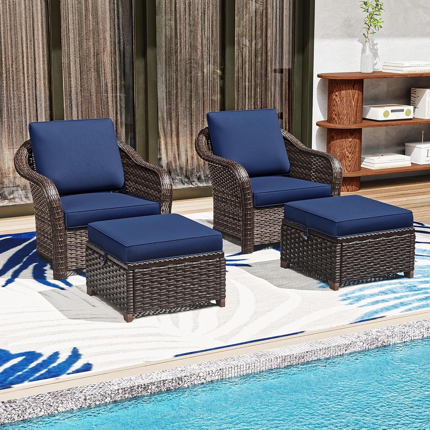 4 Pieces Patio Outdoor Conversation Furniture Set with Cushions, All-Weather Wicker Ottomans, PE Rattan 2 Chairs for Backyard, Deck, Lawn (Navy Blue)