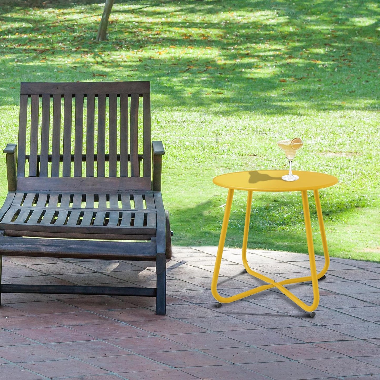 Patio Side Table Waterproof Round Metal Steel Weather Resistant Portable Outdoor and Indoor End Table for Garden Balcony Yard, Lemon Yellow