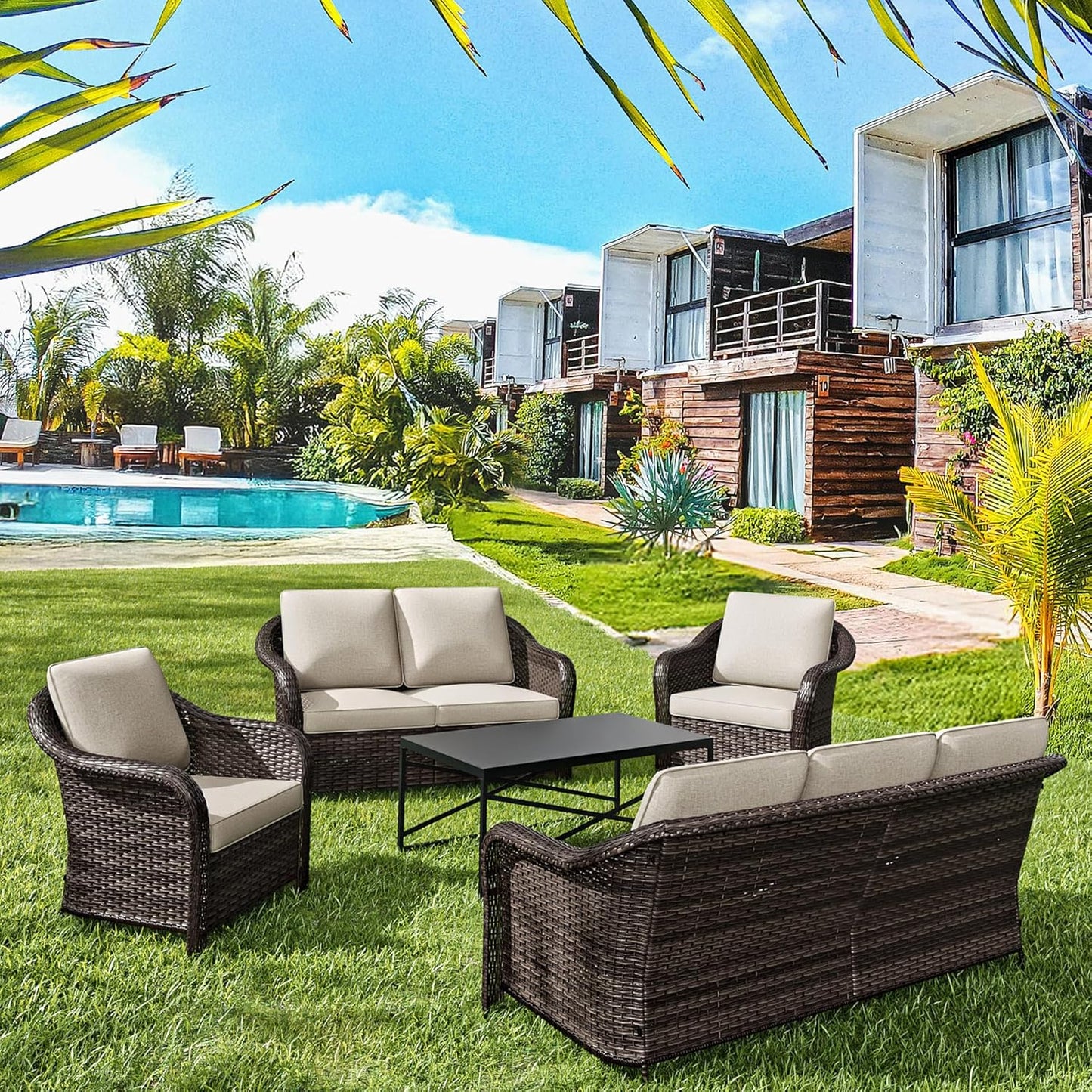 5 Pieces Outdoor Patio Rattan Conversation Furniture Set with Cushions, 78" 3-Seat Wicker Sofa, 55" 2-Seat Couch, 2 Armchairs, Metal Coffee Table for Garden (Beige)